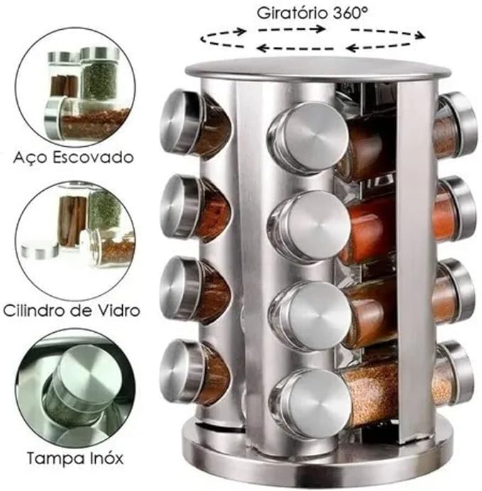 Porta Temperos Inox Giratório Com 16 Potes Torre De Condimentos